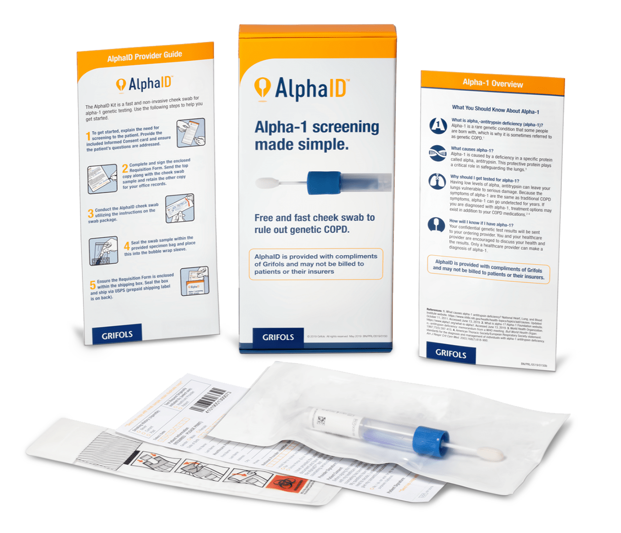 AlphaID screening test kit product packaging and the instructions of use to test COPD patients for AAT deficiency.