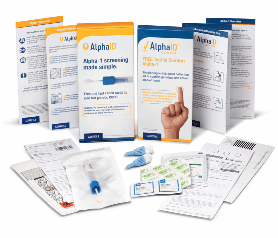 AlphaID screening test kit product packaging and the instructions of use to test COPD patients for AAT deficiency.